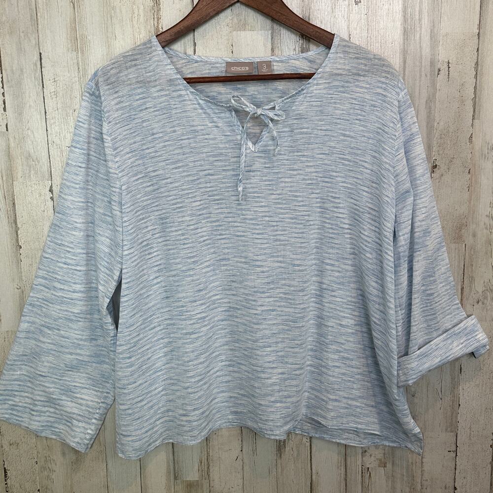 Chicos 100 Cotton Poplin Henley Tie Blouse Size 3 Blue White Beach Lagenlook EUC